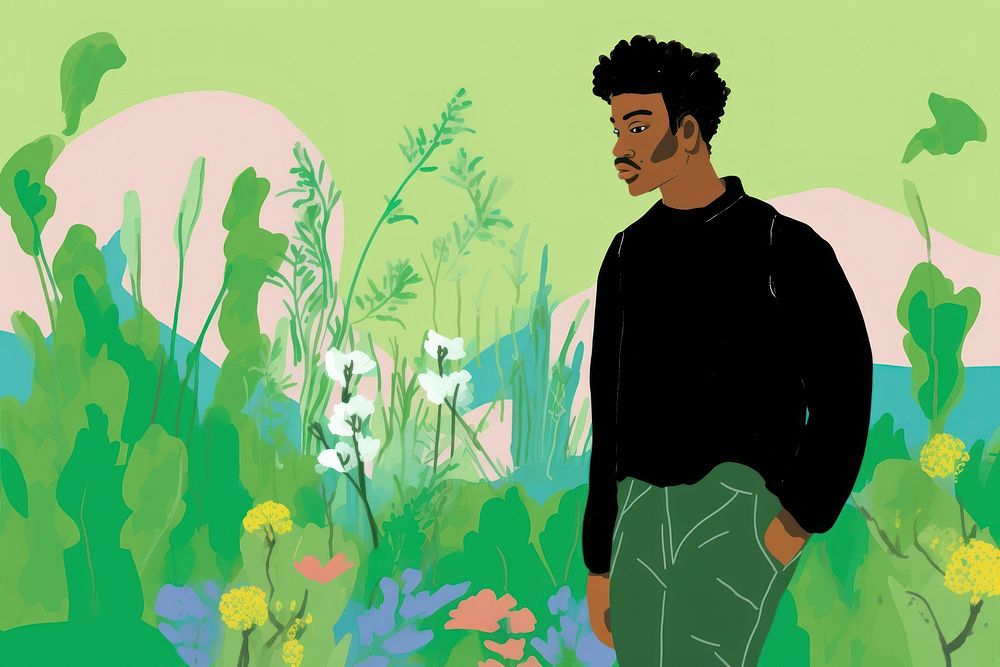 Black man in garden green outdoors graphics.