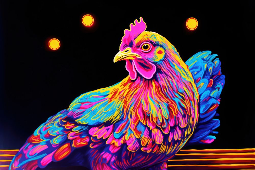 A chicken animal yellow purple.