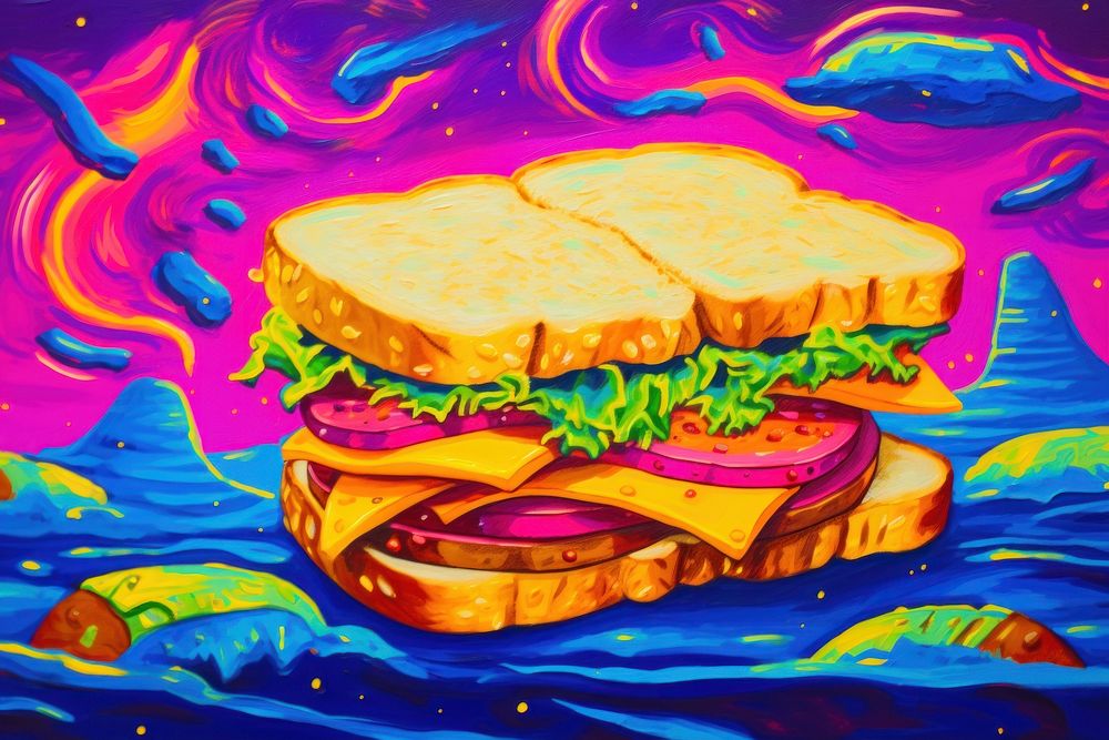 A sandwish painting purple food.