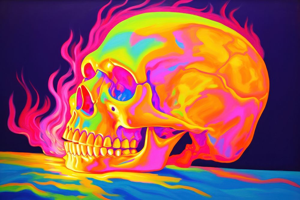A skull painting purple yellow.