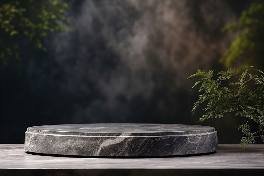 Marble tabletop with dark black plant tree furniture.
