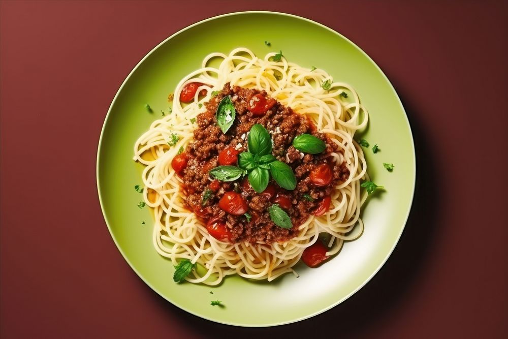Spaghetti bolognese pasta plate food.