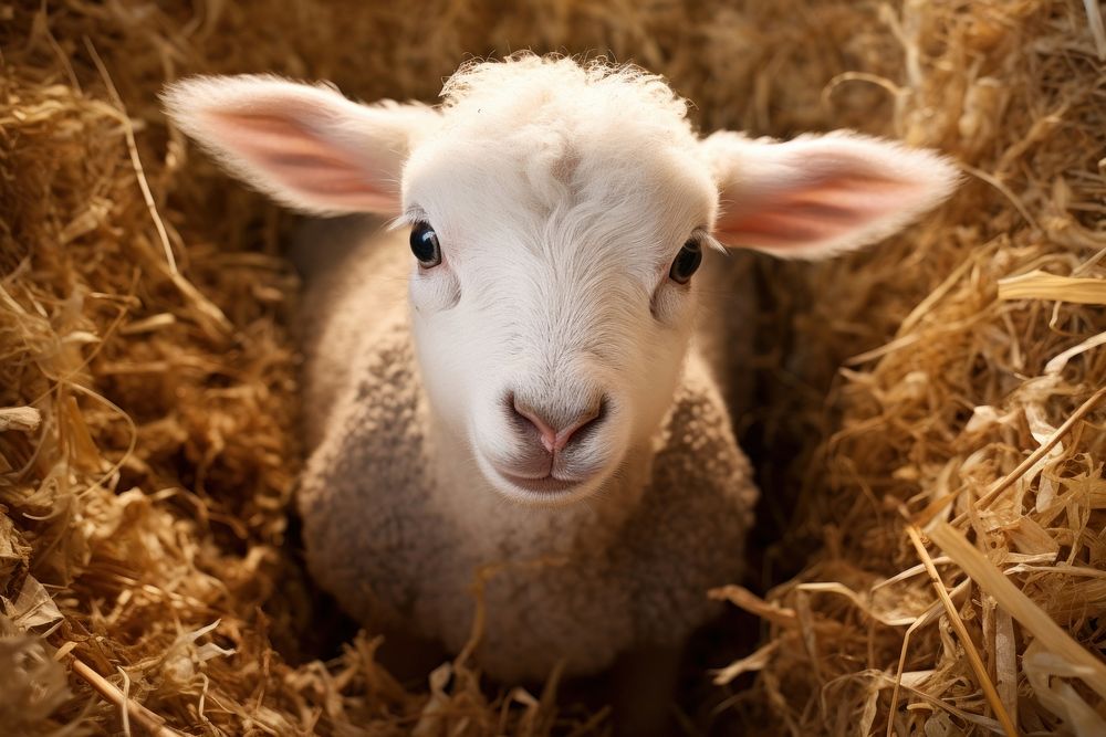 Baby sheep looking up at camera animal livestock mammal.