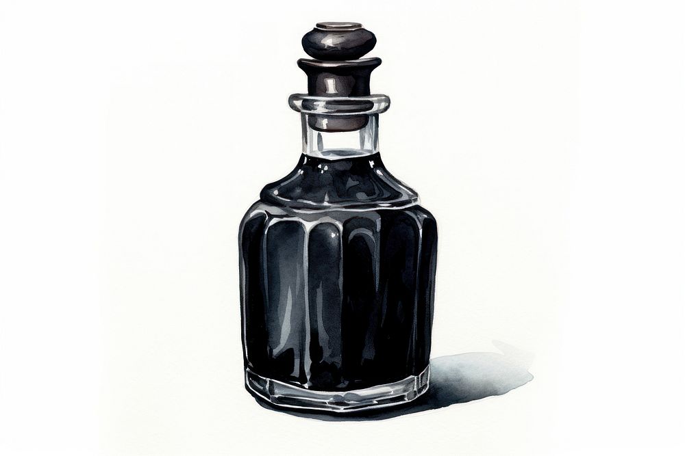 Black ink bottle perfume white background refreshment.