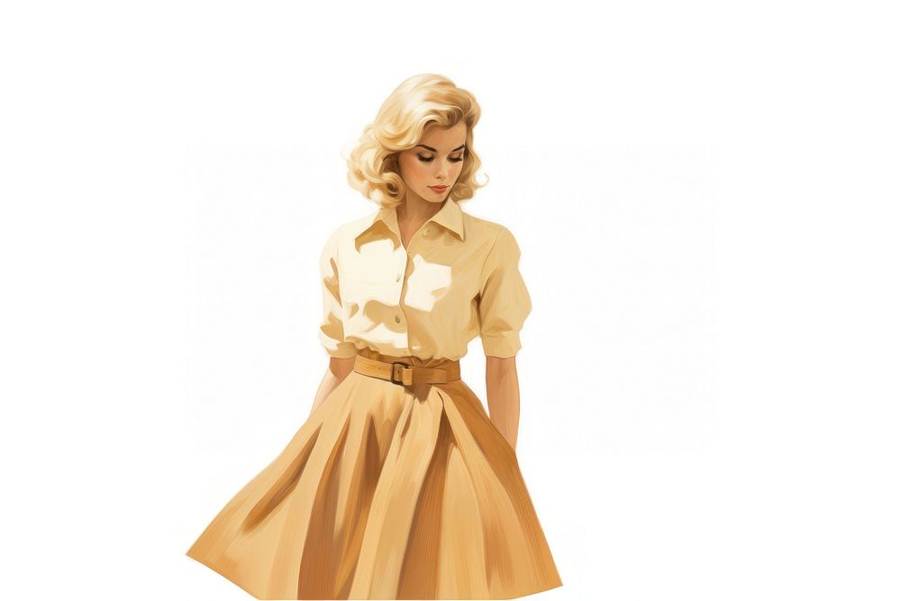 Blond hair woman wear franch vintage dress fashion doll white background.