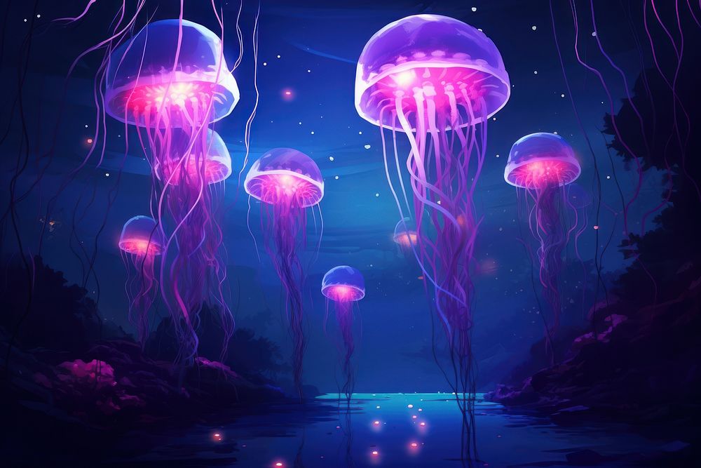 Jellyfish underwater glowing purple.