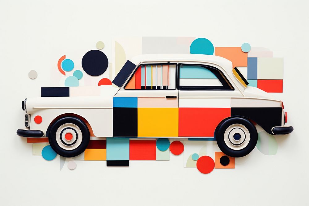 Cut paper collage with car vehicle wheel shape.