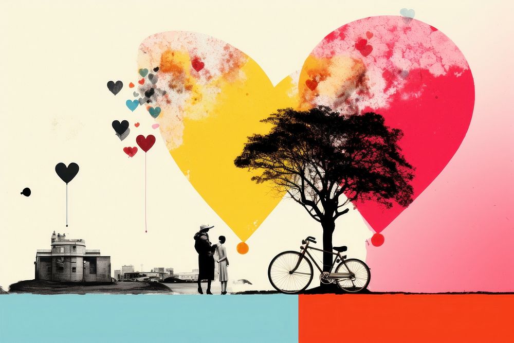Retro collage of love bicycle vehicle transportation.