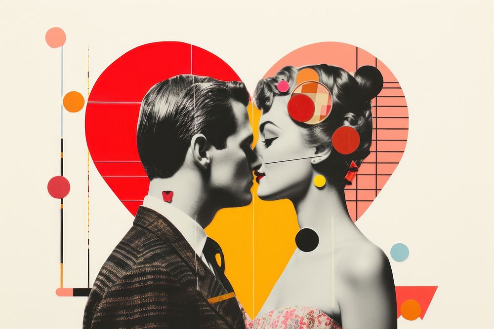Retro collage of love kissing art togetherness.