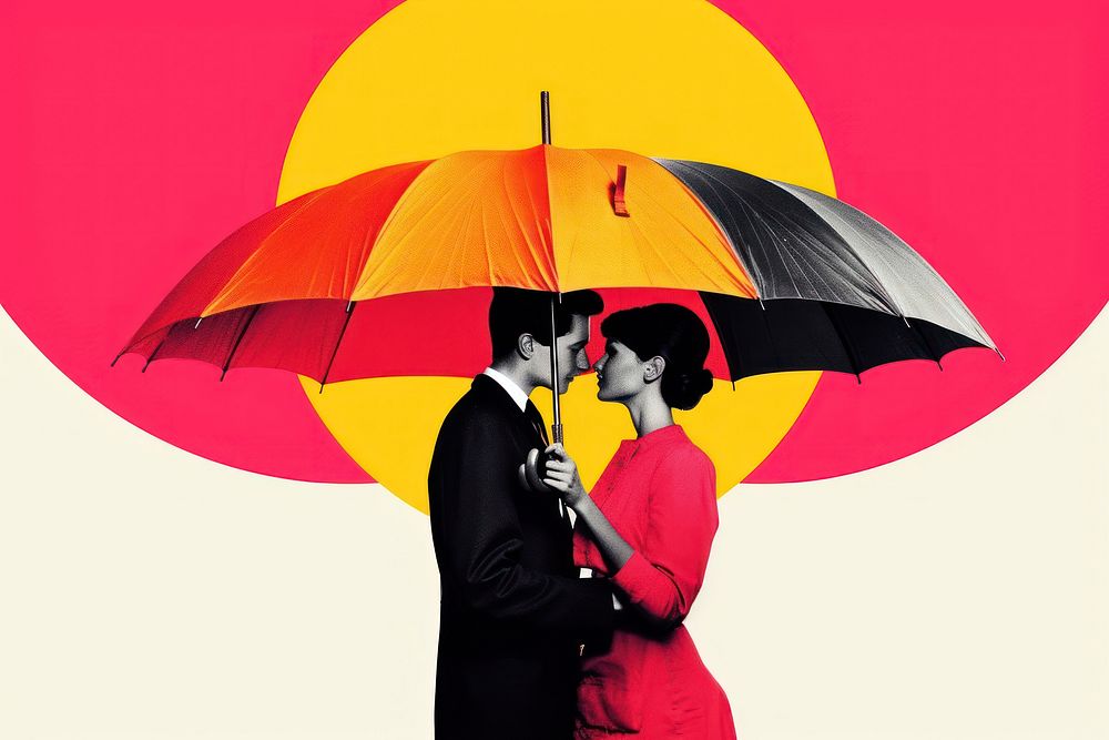 Retro collage of love umbrella adult togetherness.