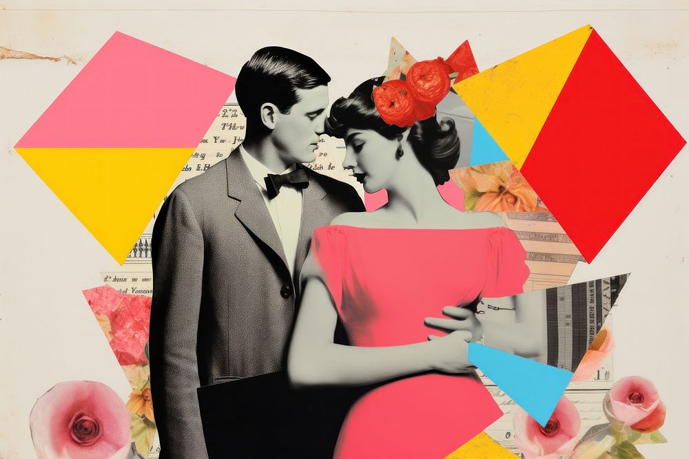 Retro collage of love adult art togetherness.