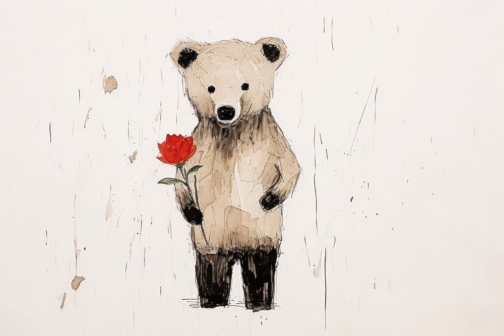 Bear holding flower art painting drawing.