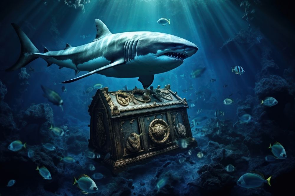 Treasure under deep sea shark underwater animal.