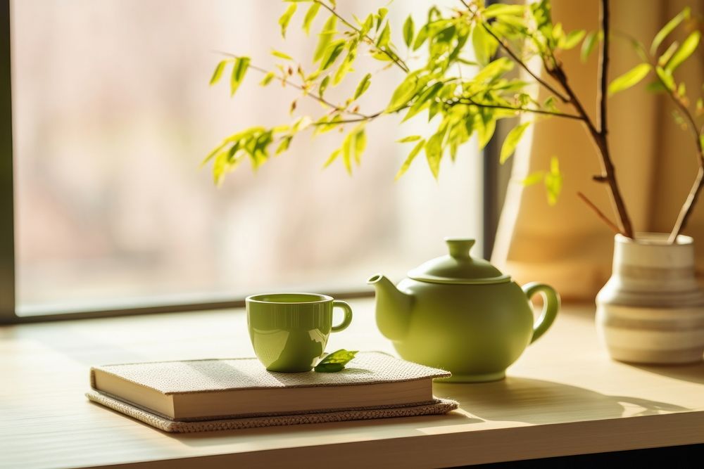Green tea windowsill teapot table.