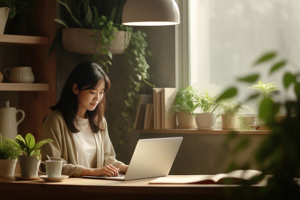 Happy Korean woman computer working laptop.