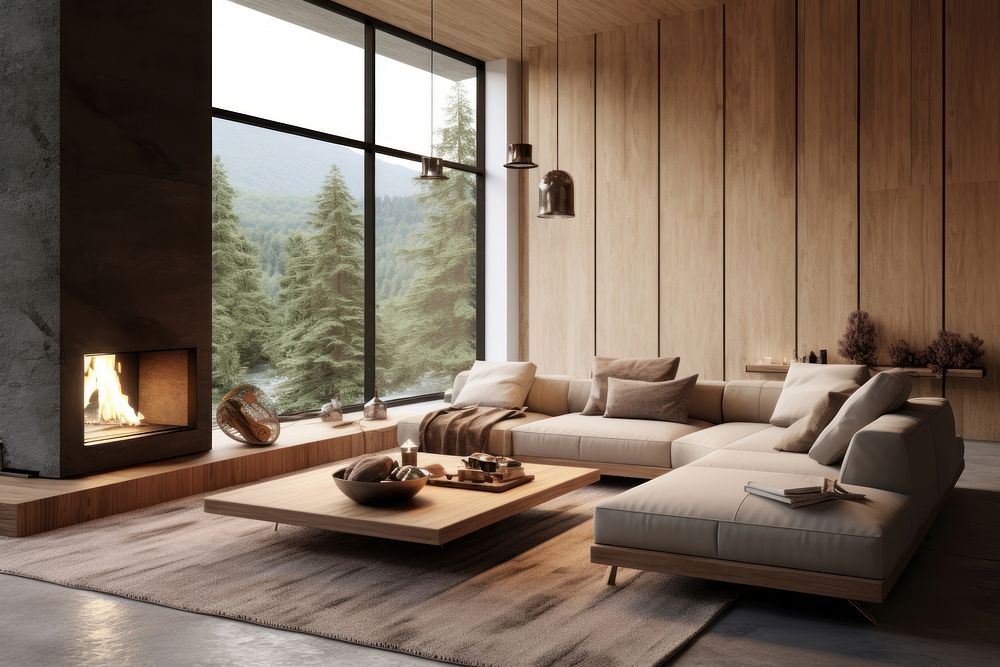 Modern nordic living room architecture furniture fireplace.