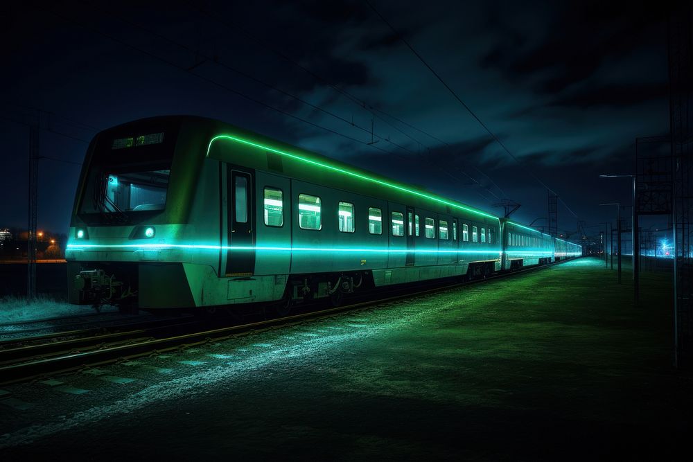 Night train in urban vehicle railway light.