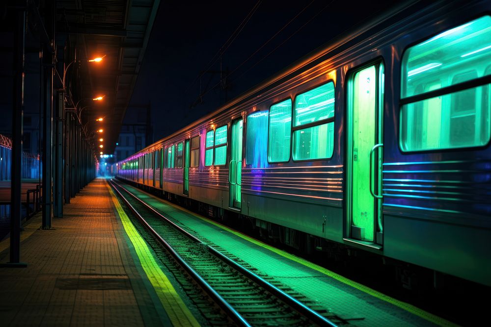 Night train in urban railway vehicle subway.