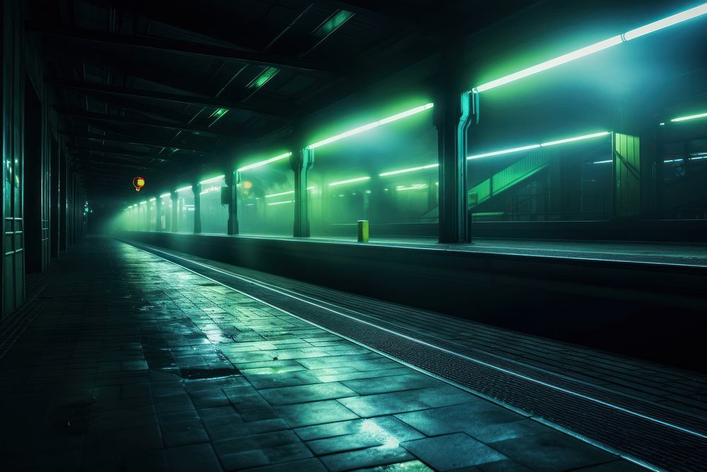 Night train station in urban subway light green.