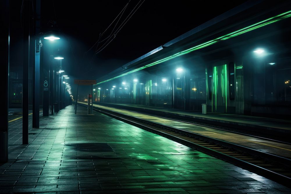 Night train station in urban lighting railway vehicle.