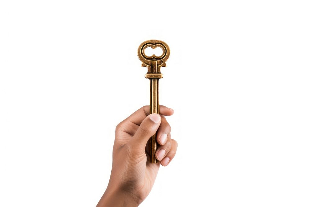Person holding key white background protection security.