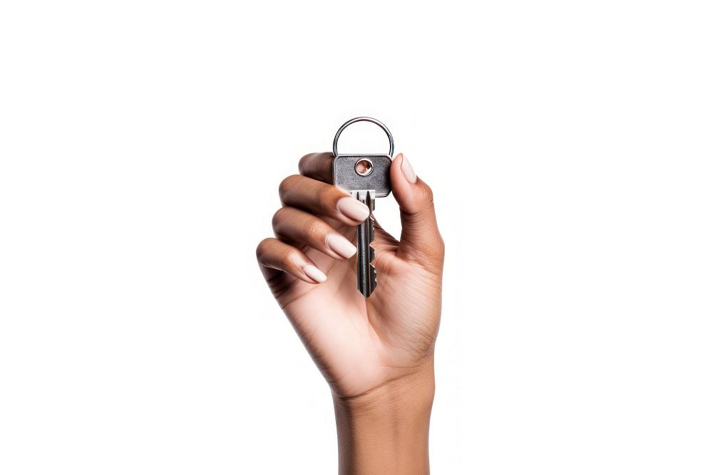 Person holding key adult white background keychain.