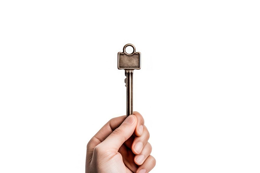 Person holding key white background protection security.