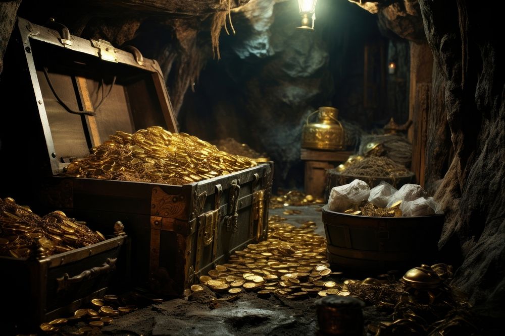 Pirate tomb of treasure and gold cave architecture abundance.