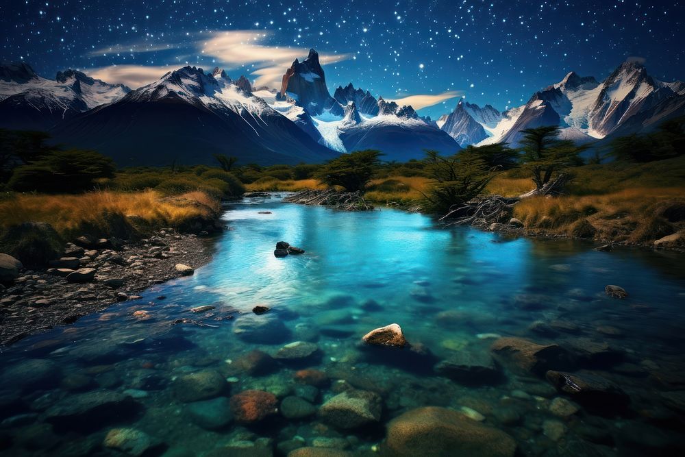 Stary night in Patagonia wilderness landscape mountain.
