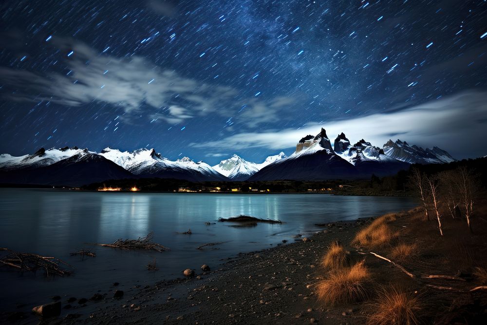 Stary night in Patagonia landscape panoramic mountain.