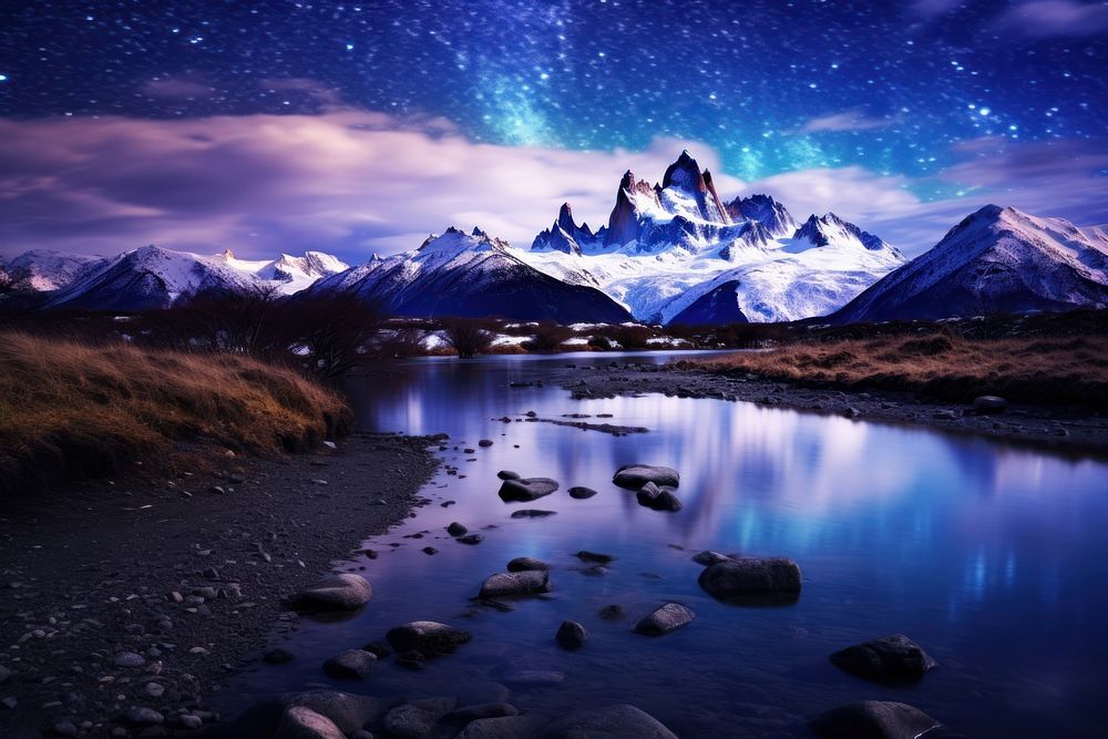 Stary night in Patagonia wilderness landscape panoramic.