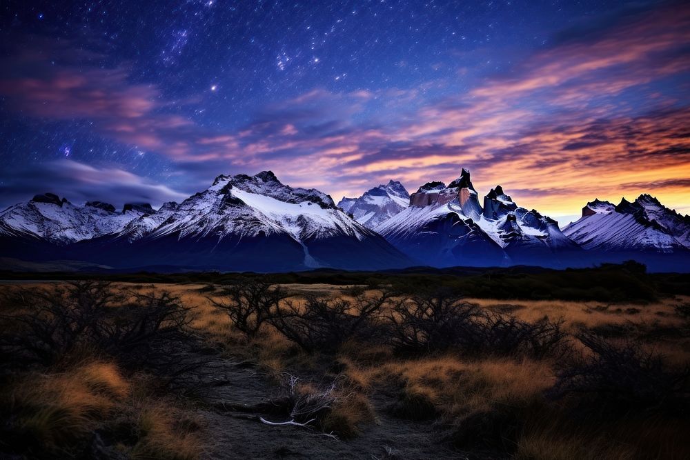 Stary night in Patagonia wilderness landscape panoramic.