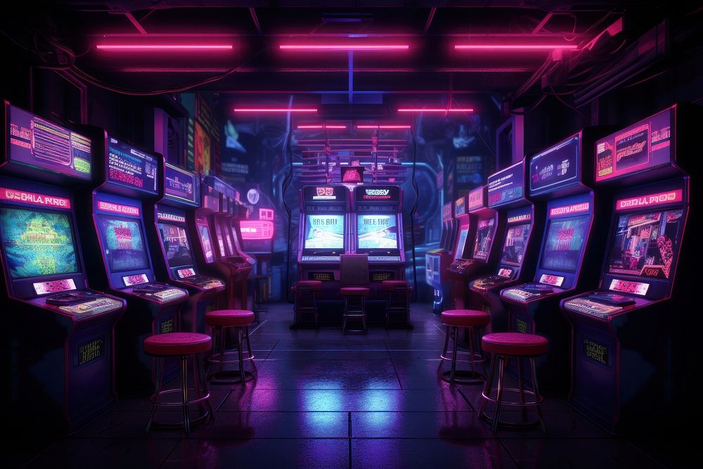 Cyberpunk game center neon architecture illuminated.