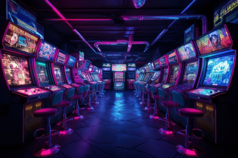 Cyberpunk game center nightlife gambling light.