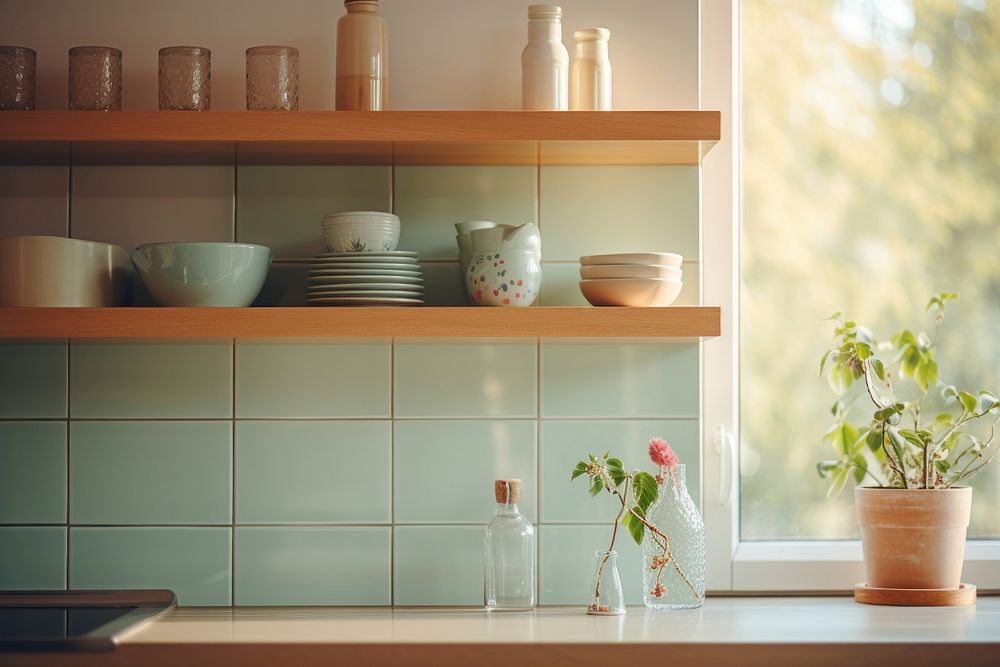 Modern kitchen interior furniture window shelf.