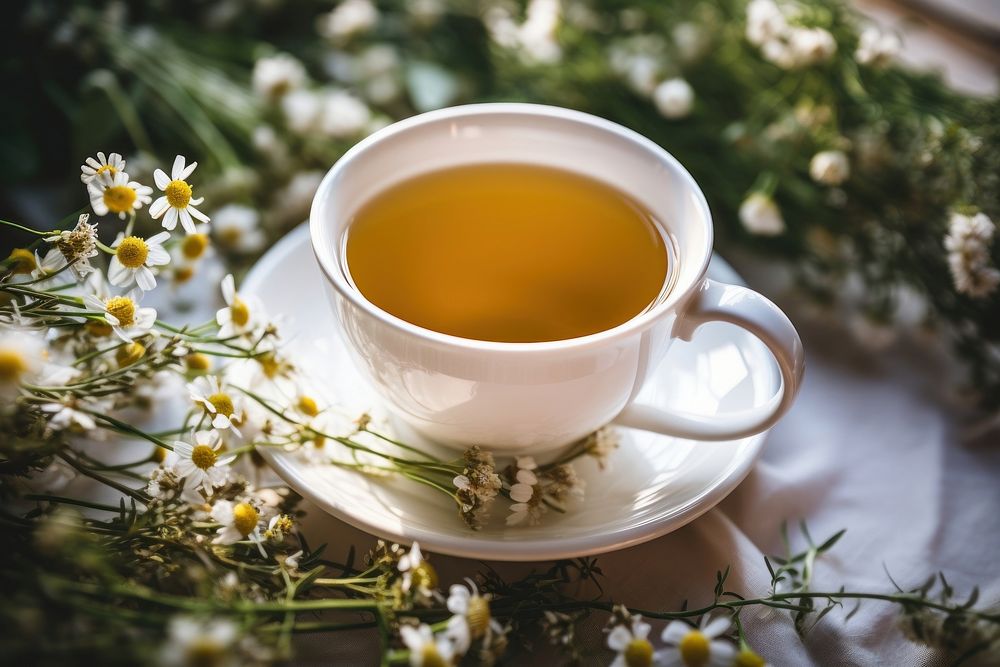 Cup of tea herbs saucer drink.