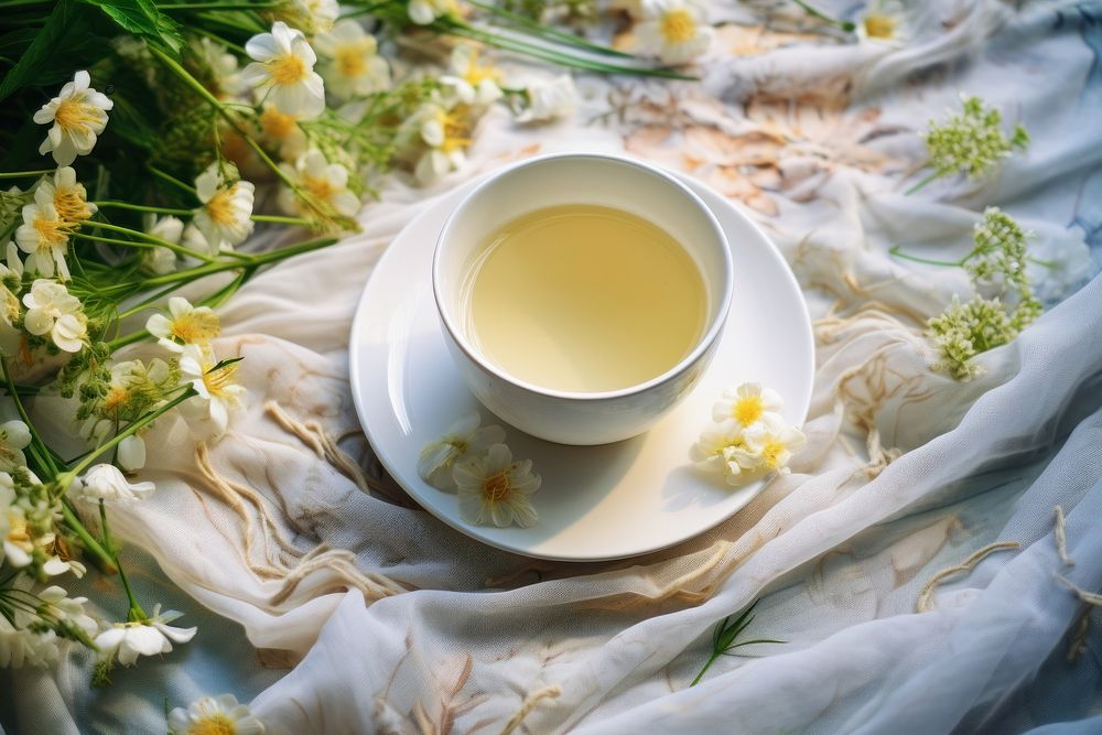 Cup of tea herbs saucer flower.