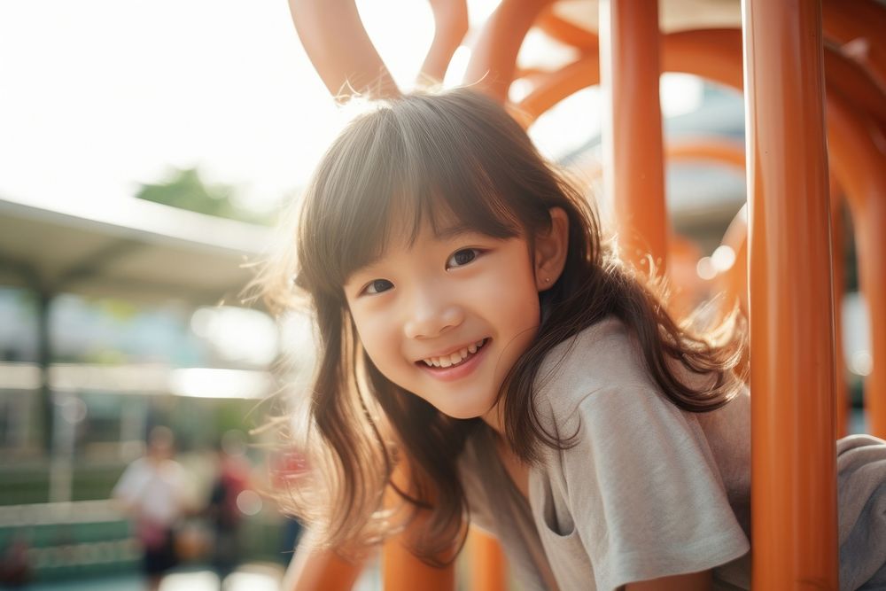 Asian girl relax and smile playground outdoors portrait.