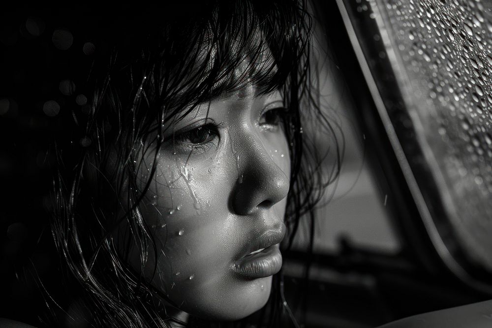 Young female crying portrait black rain.