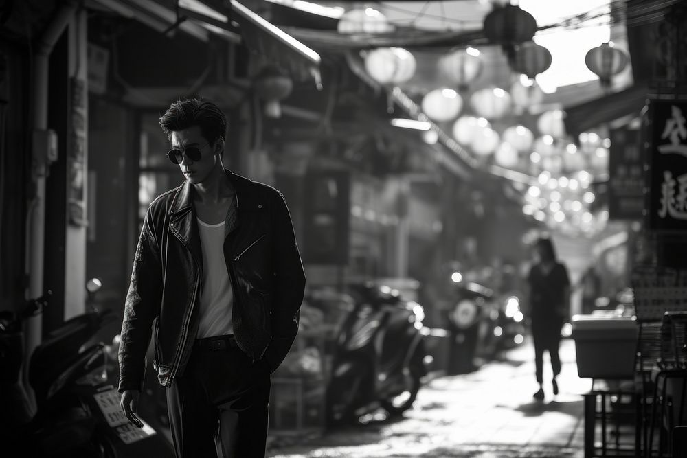 Thai Young male gangster walking portrait street.