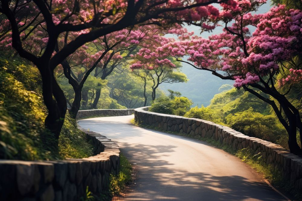 Winding road in spring landscape outdoors blossom.