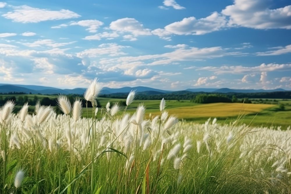 Natural panoramic countryside summer landscape grass outdoors.