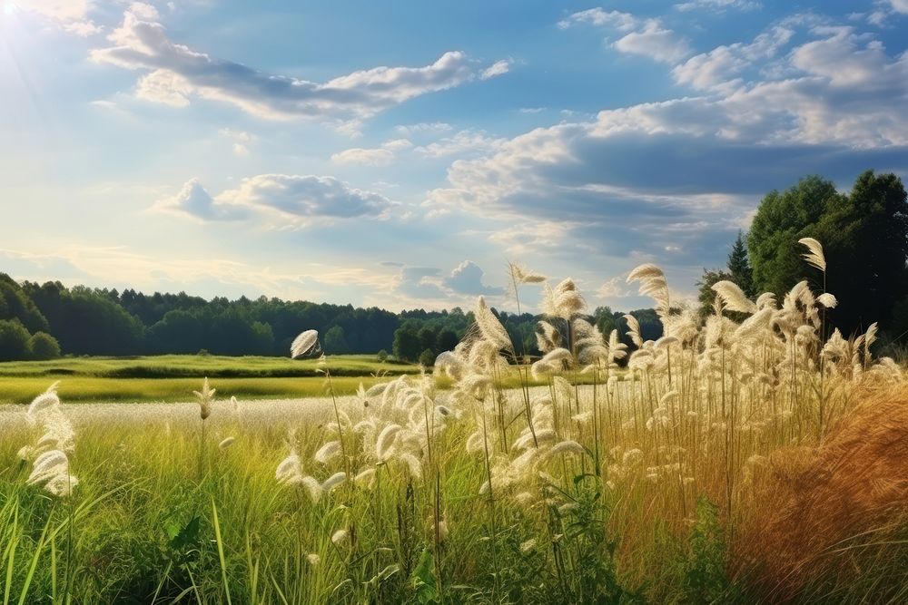 Natural panoramic countryside summer landscape grass grassland.