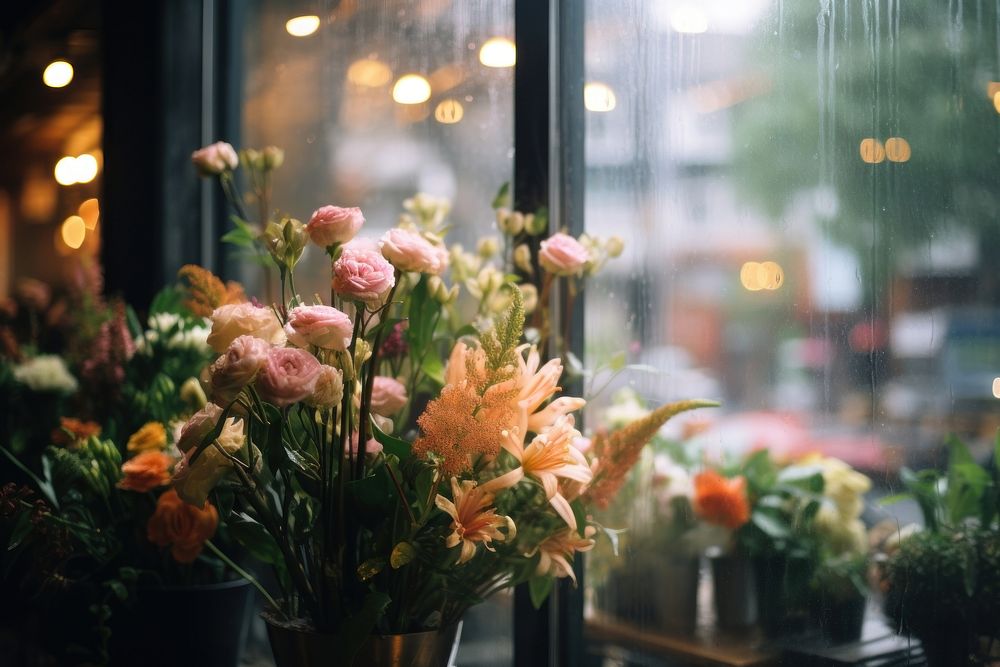 Flowers in flower shop window plant rain.