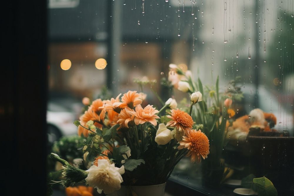 Flowers in flower shop windowsill plant rain.