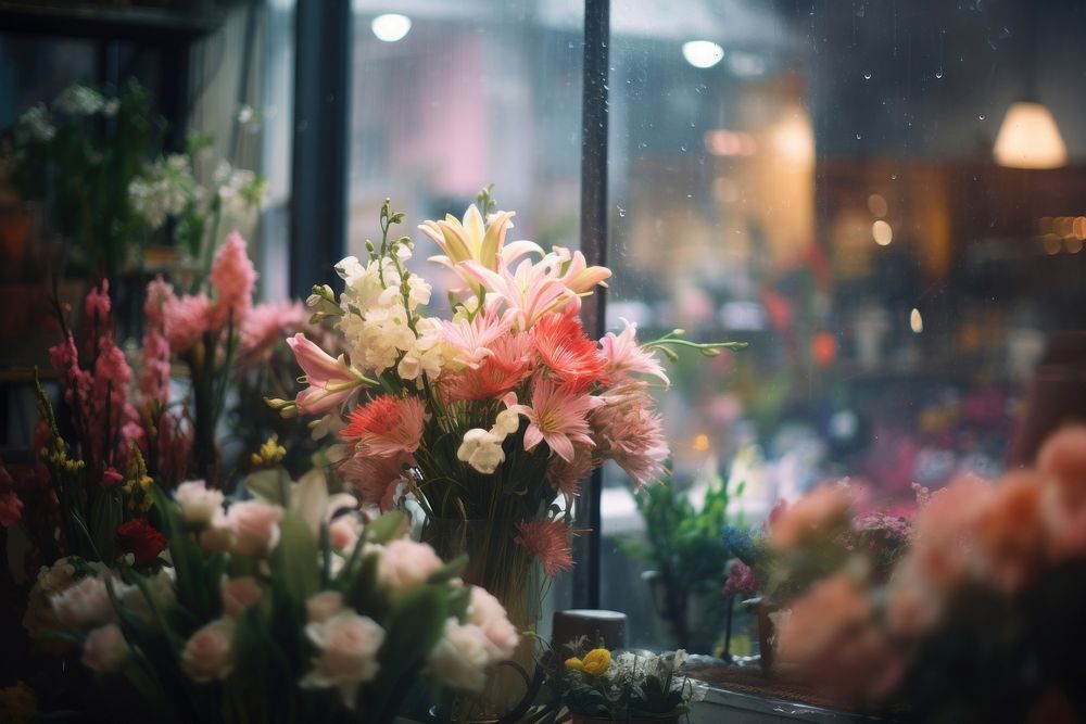 Flowers in flower shop window plant arrangement.