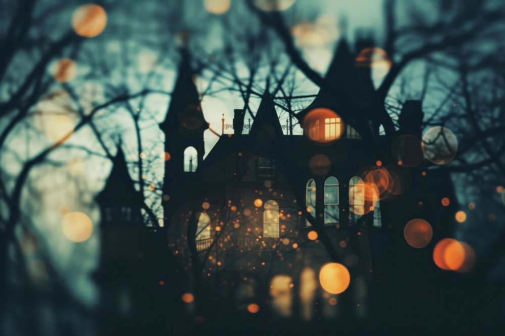 Haunted mansion shaped pattern bokeh effect background light architecture building.