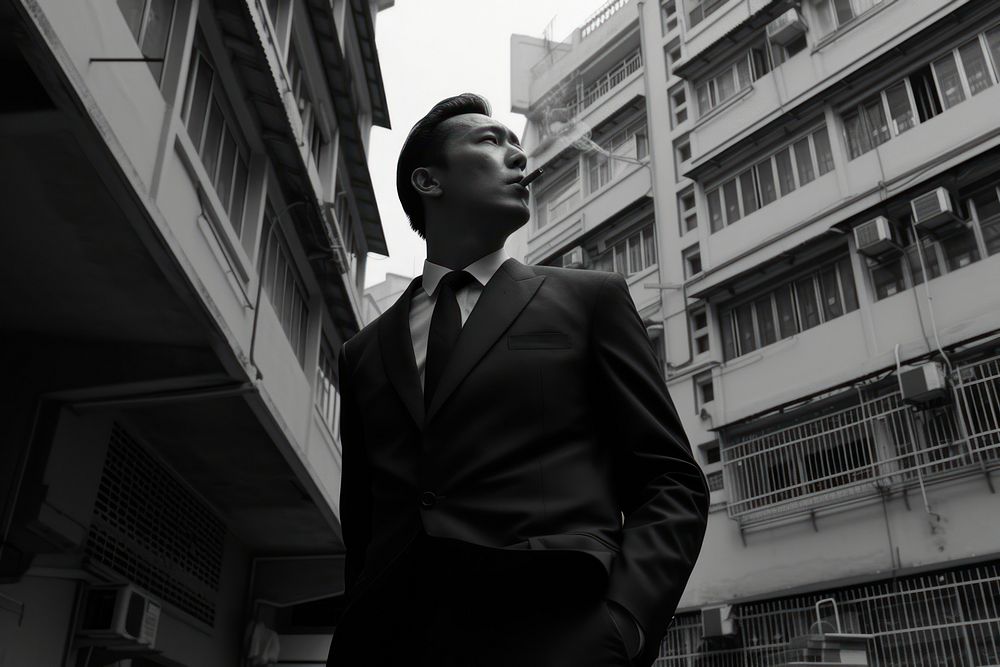 Hongkong male wearing suit smoking ciggarette architecture building portrait.