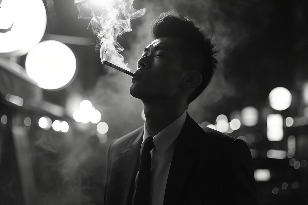 Hongkong male wearing suit smoking ciggarette adult black white.