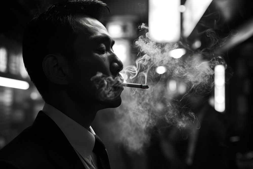 Hongkong male wearing suit smoking ciggarette adult black smoke.